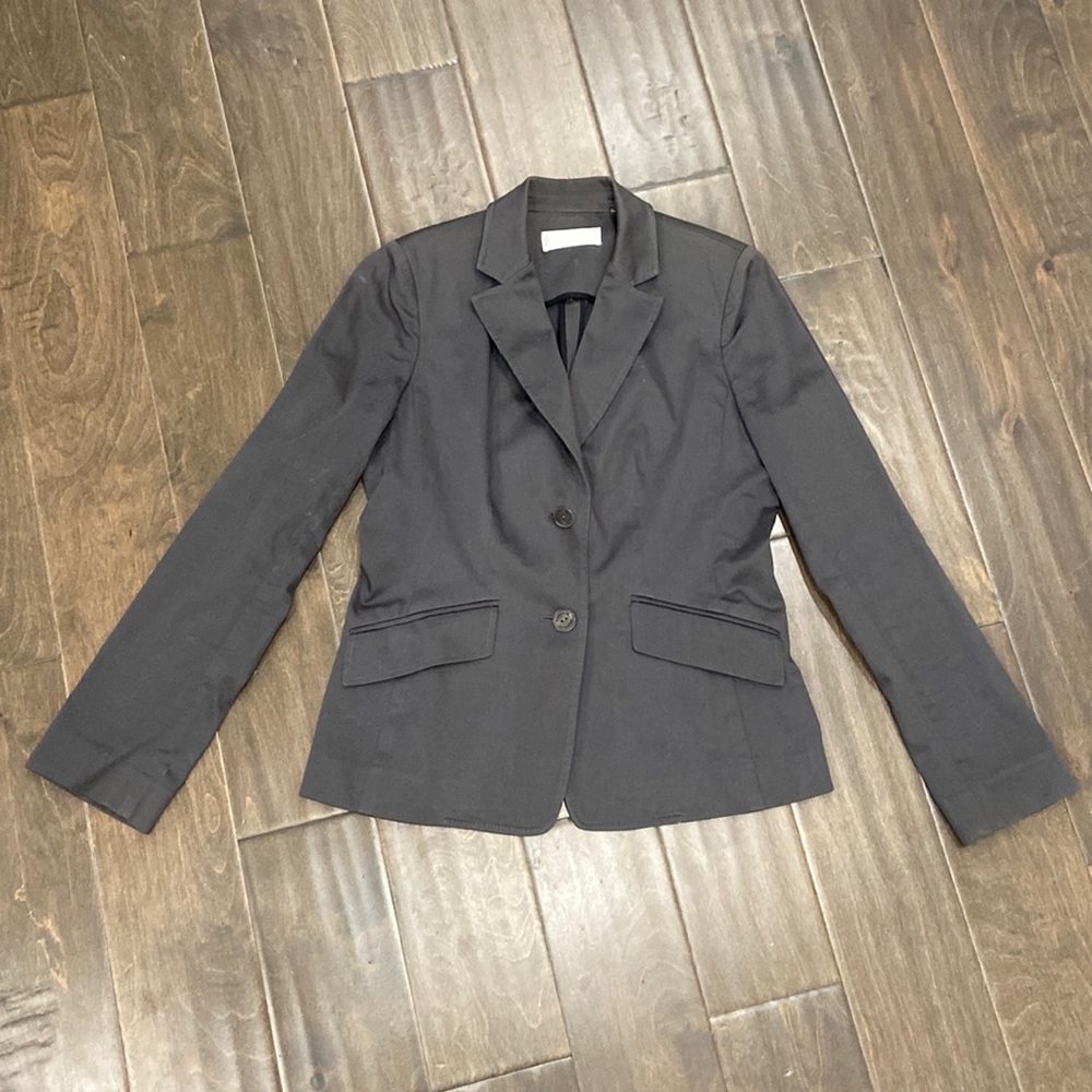 Badgley Mischka Gray Stretchy Pantsuit Two Button Blazer Petite Wide Leg Pants